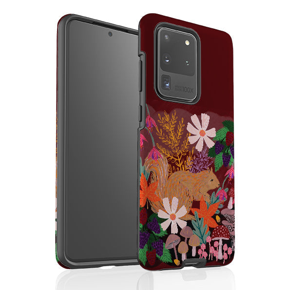Samsung phone case-Autumn Squirrel By Lee Foster Wilson-Product Details Raised bevel to protect screen from scratches. Impact resistant polycarbonate shell and shock absorbing inner TPU liner. Secure fit with design wrapping around side of the case and full access to ports. Compatible with Qi-standard wireless charging. Thickness 1/8 inch (3mm), weight 30g. Compatibility See drop down menu for options, please select the right case as we print to order.-Stringberry