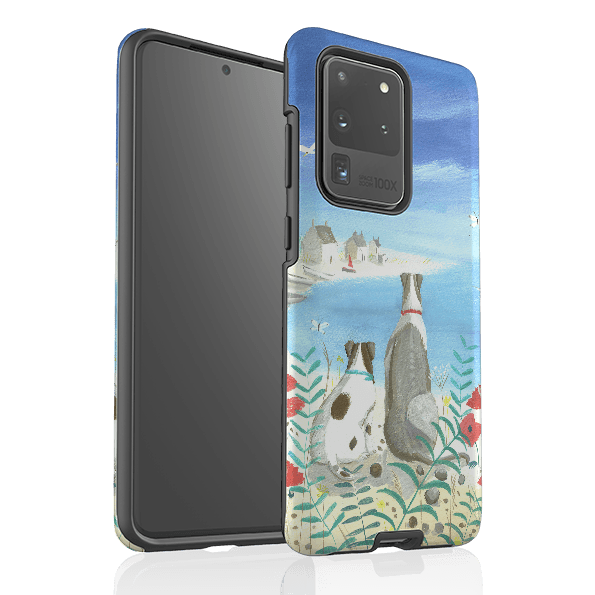 Samsung phone case-Beach Dogs By Mary Stubberfield-Product Details Raised bevel to protect screen from scratches. Impact resistant polycarbonate shell and shock absorbing inner TPU liner. Secure fit with design wrapping around side of the case and full access to ports. Compatible with Qi-standard wireless charging. Thickness 1/8 inch (3mm), weight 30g. Compatibility See drop down menu for options, please select the right case as we print to order.-Stringberry