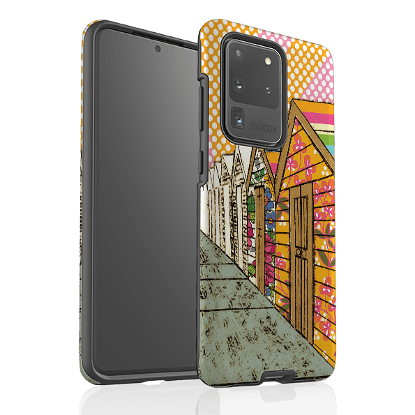 Samsung phone case-Beach Huts By Amelia Bowman-Product Details Raised bevel to protect screen from scratches. Impact resistant polycarbonate shell and shock absorbing inner TPU liner. Secure fit with design wrapping around side of the case and full access to ports. Compatible with Qi-standard wireless charging. Thickness 1/8 inch (3mm), weight 30g. Compatibility See drop down menu for options, please select the right case as we print to order.-Stringberry