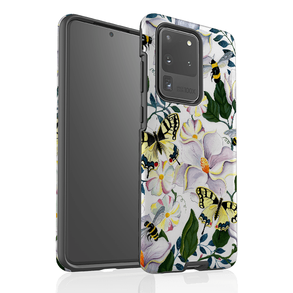 Samsung phone case-Bees And Magnolia By Bex Parkin-Product Details Raised bevel to protect screen from scratches. Impact resistant polycarbonate shell and shock absorbing inner TPU liner. Secure fit with design wrapping around side of the case and full access to ports. Compatible with Qi-standard wireless charging. Thickness 1/8 inch (3mm), weight 30g. Compatibility See drop down menu for options, please select the right case as we print to order.-Stringberry