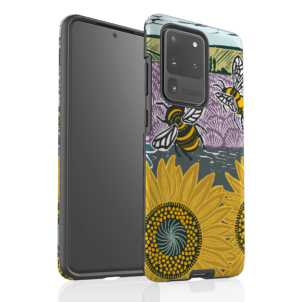 Samsung phone case-Bees And Sunflower By Kate Heiss-Product Details Raised bevel to protect screen from scratches. Impact resistant polycarbonate shell and shock absorbing inner TPU liner. Secure fit with design wrapping around side of the case and full access to ports. Compatible with Qi-standard wireless charging. Thickness 1/8 inch (3mm), weight 30g. Compatibility See drop down menu for options, please select the right case as we print to order.-Stringberry