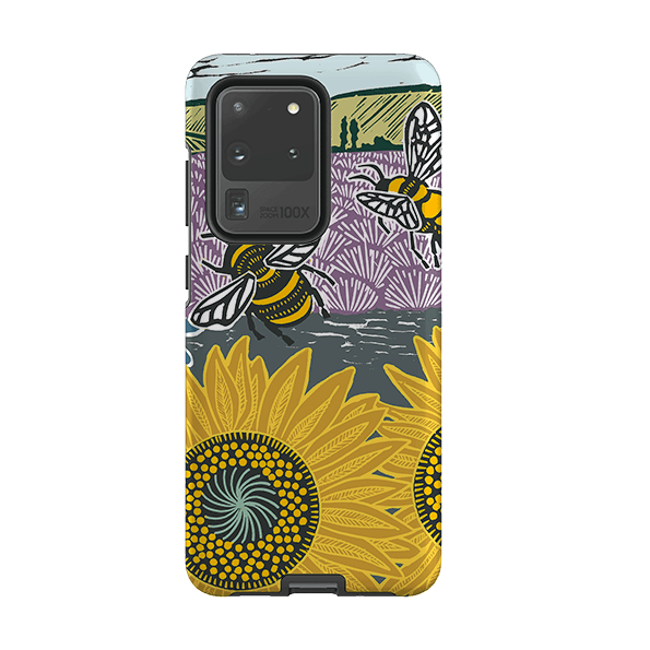 Samsung phone case-Bees And Sunflower By Kate Heiss-Product Details Raised bevel to protect screen from scratches. Impact resistant polycarbonate shell and shock absorbing inner TPU liner. Secure fit with design wrapping around side of the case and full access to ports. Compatible with Qi-standard wireless charging. Thickness 1/8 inch (3mm), weight 30g. Compatibility See drop down menu for options, please select the right case as we print to order.-Stringberry