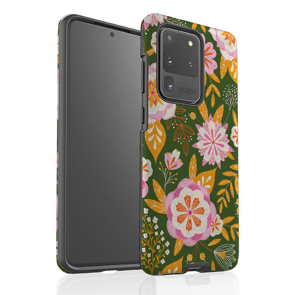 Samsung phone case-Big Bold Blooms Green By Jenny Zemanek-Product Details Raised bevel to protect screen from scratches. Impact resistant polycarbonate shell and shock absorbing inner TPU liner. Secure fit with design wrapping around side of the case and full access to ports. Compatible with Qi-standard wireless charging. Thickness 1/8 inch (3mm), weight 30g. Compatibility See drop down menu for options, please select the right case as we print to order.-Stringberry