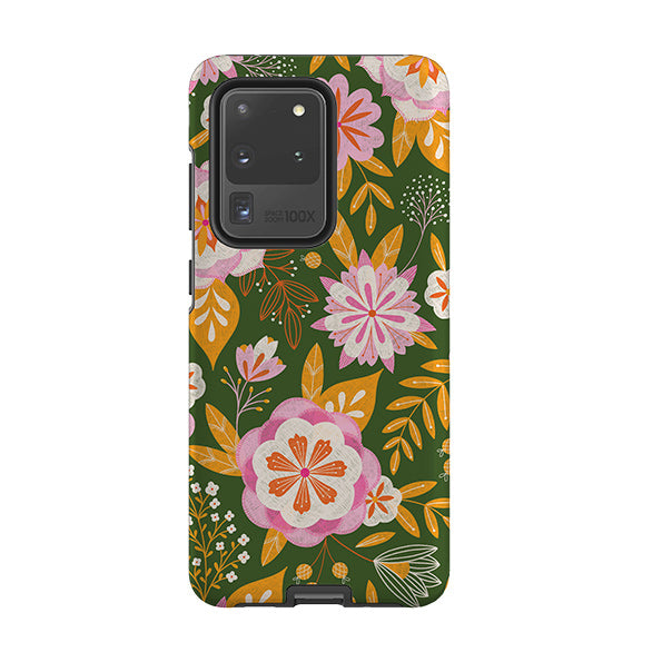 Samsung phone case-Big Bold Blooms Green By Jenny Zemanek-Product Details Raised bevel to protect screen from scratches. Impact resistant polycarbonate shell and shock absorbing inner TPU liner. Secure fit with design wrapping around side of the case and full access to ports. Compatible with Qi-standard wireless charging. Thickness 1/8 inch (3mm), weight 30g. Compatibility See drop down menu for options, please select the right case as we print to order.-Stringberry
