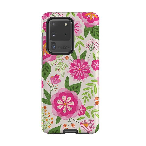 Samsung phone case-Big Bold Blooms Ivory By Jenny Zemanek-Product Details Raised bevel to protect screen from scratches. Impact resistant polycarbonate shell and shock absorbing inner TPU liner. Secure fit with design wrapping around side of the case and full access to ports. Compatible with Qi-standard wireless charging. Thickness 1/8 inch (3mm), weight 30g. Compatibility See drop down menu for options, please select the right case as we print to order.-Stringberry
