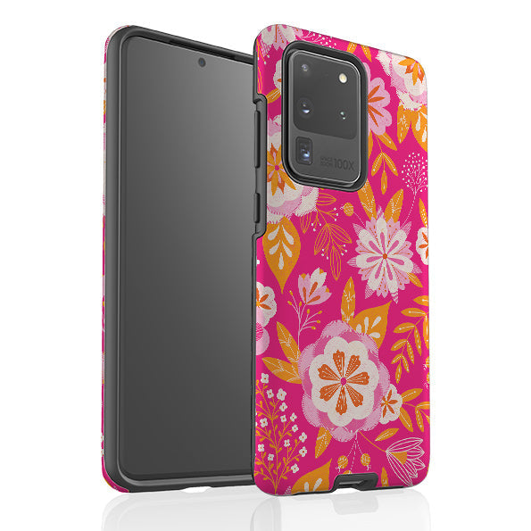 Samsung phone case-Big Bold Blooms Pink By Jenny Zemanek-Product Details Raised bevel to protect screen from scratches. Impact resistant polycarbonate shell and shock absorbing inner TPU liner. Secure fit with design wrapping around side of the case and full access to ports. Compatible with Qi-standard wireless charging. Thickness 1/8 inch (3mm), weight 30g. Compatibility See drop down menu for options, please select the right case as we print to order.-Stringberry