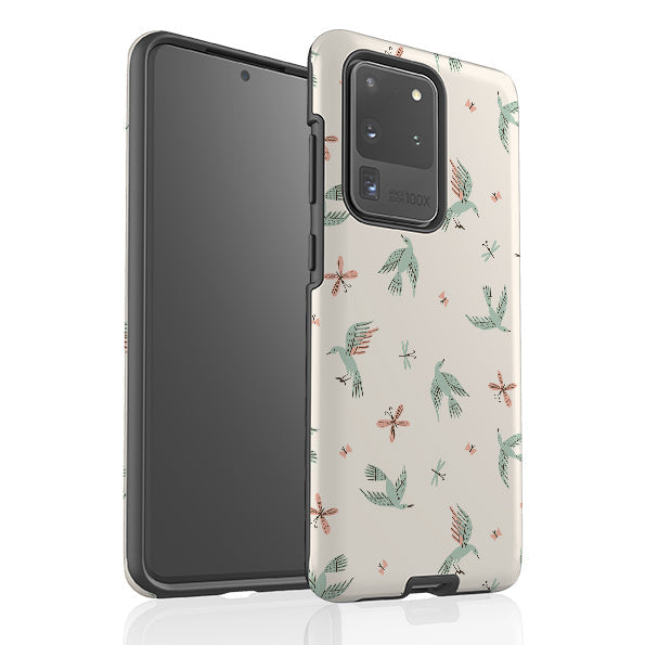 Samsung phone case-Birds And Butterflies Cream By Meghann Rader-Product Details Raised bevel to protect screen from scratches. Impact resistant polycarbonate shell and shock absorbing inner TPU liner. Secure fit with design wrapping around side of the case and full access to ports. Compatible with Qi-standard wireless charging. Thickness 1/8 inch (3mm), weight 30g. Compatibility See drop down menu for options, please select the right case as we print to order.-Stringberry