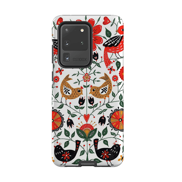 Samsung phone case-Birds And Floral By Suzy Taylor-Product Details Raised bevel to protect screen from scratches. Impact resistant polycarbonate shell and shock absorbing inner TPU liner. Secure fit with design wrapping around side of the case and full access to ports. Compatible with Qi-standard wireless charging. Thickness 1/8 inch (3mm), weight 30g. Compatibility See drop down menu for options, please select the right case as we print to order.-Stringberry