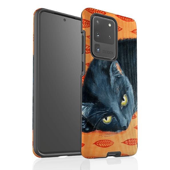 Samsung phone case-Black Cat By Mary Stubberfield-Product Details Raised bevel to protect screen from scratches. Impact resistant polycarbonate shell and shock absorbing inner TPU liner. Secure fit with design wrapping around side of the case and full access to ports. Compatible with Qi-standard wireless charging. Thickness 1/8 inch (3mm), weight 30g. Compatibility See drop down menu for options, please select the right case as we print to order.-Stringberry