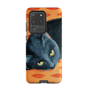 Samsung phone case-Black Cat By Mary Stubberfield-Product Details Raised bevel to protect screen from scratches. Impact resistant polycarbonate shell and shock absorbing inner TPU liner. Secure fit with design wrapping around side of the case and full access to ports. Compatible with Qi-standard wireless charging. Thickness 1/8 inch (3mm), weight 30g. Compatibility See drop down menu for options, please select the right case as we print to order.-Stringberry