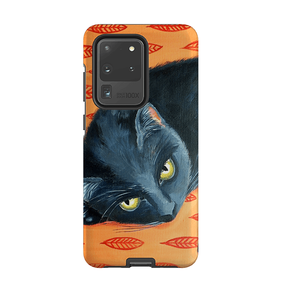 Samsung phone case-Black Cat By Mary Stubberfield-Product Details Raised bevel to protect screen from scratches. Impact resistant polycarbonate shell and shock absorbing inner TPU liner. Secure fit with design wrapping around side of the case and full access to ports. Compatible with Qi-standard wireless charging. Thickness 1/8 inch (3mm), weight 30g. Compatibility See drop down menu for options, please select the right case as we print to order.-Stringberry
