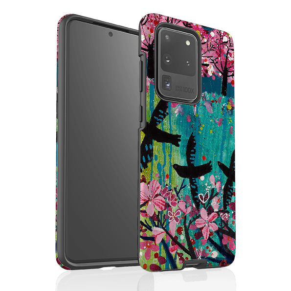 Samsung phone case-Blackbirds By Claire West-Product Details Raised bevel to protect screen from scratches. Impact resistant polycarbonate shell and shock absorbing inner TPU liner. Secure fit with design wrapping around side of the case and full access to ports. Compatible with Qi-standard wireless charging. Thickness 1/8 inch (3mm), weight 30g. Compatibility See drop down menu for options, please select the right case as we print to order.-Stringberry