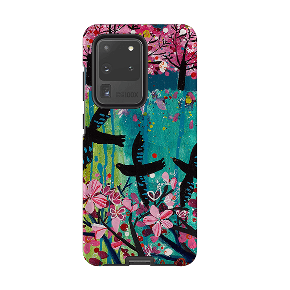 Samsung phone case-Blackbirds By Claire West-Product Details Raised bevel to protect screen from scratches. Impact resistant polycarbonate shell and shock absorbing inner TPU liner. Secure fit with design wrapping around side of the case and full access to ports. Compatible with Qi-standard wireless charging. Thickness 1/8 inch (3mm), weight 30g. Compatibility See drop down menu for options, please select the right case as we print to order.-Stringberry