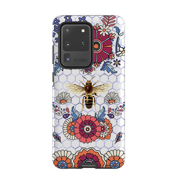 Samsung phone case-Blue Bee Flower Power-Product Details Raised bevel to protect screen from scratches. Impact resistant polycarbonate shell and shock absorbing inner TPU liner. Secure fit with design wrapping around side of the case and full access to ports. Compatible with Qi-standard wireless charging. Thickness 1/8 inch (3mm), weight 30g. Compatibility See drop down menu for options, please select the right case as we print to order.-Stringberry
