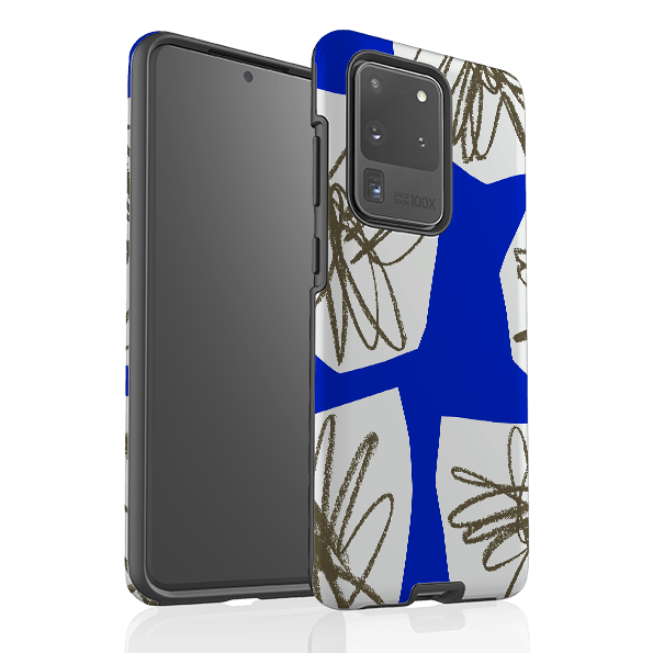 Samsung phone case-Blue Collage Flower By Kitty Joseph-Product Details Raised bevel to protect screen from scratches. Impact resistant polycarbonate shell and shock absorbing inner TPU liner. Secure fit with design wrapping around side of the case and full access to ports. Compatible with Qi-standard wireless charging. Thickness 1/8 inch (3mm), weight 30g. Compatibility See drop down menu for options, please select the right case as we print to order.-Stringberry