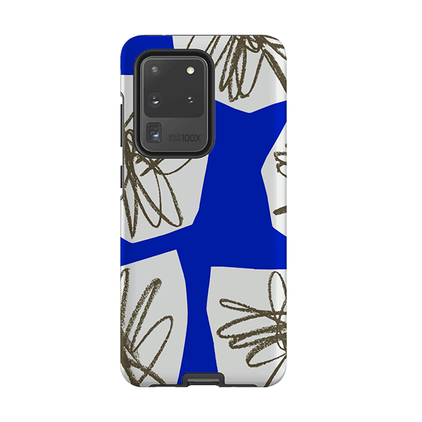 Samsung phone case-Blue Collage Flower By Kitty Joseph-Product Details Raised bevel to protect screen from scratches. Impact resistant polycarbonate shell and shock absorbing inner TPU liner. Secure fit with design wrapping around side of the case and full access to ports. Compatible with Qi-standard wireless charging. Thickness 1/8 inch (3mm), weight 30g. Compatibility See drop down menu for options, please select the right case as we print to order.-Stringberry