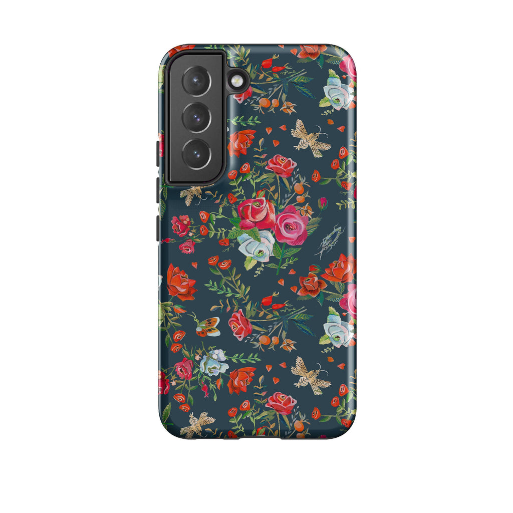 Samsung phone case-Blue Roses By Caroline Bonne Muller-Product Details Raised bevel to protect screen from scratches. Impact resistant polycarbonate shell and shock absorbing inner TPU liner. Secure fit with design wrapping around side of the case and full access to ports. Compatible with Qi-standard wireless charging. Thickness 1/8 inch (3mm), weight 30g. Compatibility See drop down menu for options, please select the right case as we print to order.-Stringberry