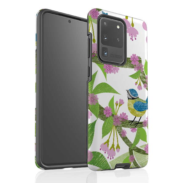 Samsung phone case-Blue Tits and Blossom By Liane Payne-Product Details Raised bevel to protect screen from scratches. Impact resistant polycarbonate shell and shock absorbing inner TPU liner. Secure fit with design wrapping around side of the case and full access to ports. Compatible with Qi-standard wireless charging. Thickness 1/8 inch (3mm), weight 30g. Compatibility See drop down menu for options, please select the right case as we print to order.-Stringberry
