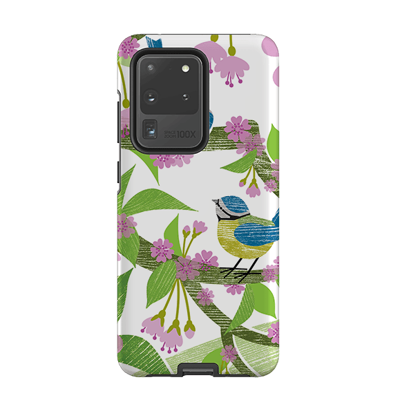 Samsung phone case-Blue Tits and Blossom By Liane Payne-Product Details Raised bevel to protect screen from scratches. Impact resistant polycarbonate shell and shock absorbing inner TPU liner. Secure fit with design wrapping around side of the case and full access to ports. Compatible with Qi-standard wireless charging. Thickness 1/8 inch (3mm), weight 30g. Compatibility See drop down menu for options, please select the right case as we print to order.-Stringberry