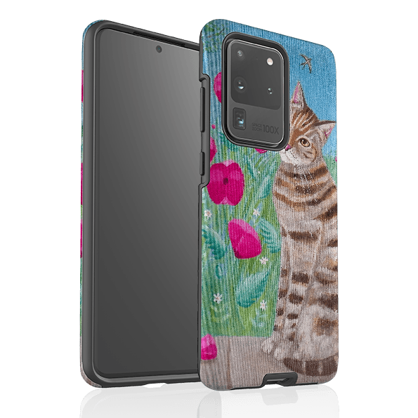 Samsung phone case-Cat Floral By Mary Stubberfield-Product Details Raised bevel to protect screen from scratches. Impact resistant polycarbonate shell and shock absorbing inner TPU liner. Secure fit with design wrapping around side of the case and full access to ports. Compatible with Qi-standard wireless charging. Thickness 1/8 inch (3mm), weight 30g. Compatibility See drop down menu for options, please select the right case as we print to order.-Stringberry