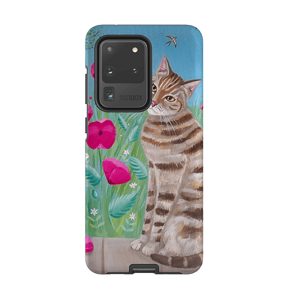 Samsung phone case-Cat Floral By Mary Stubberfield-Product Details Raised bevel to protect screen from scratches. Impact resistant polycarbonate shell and shock absorbing inner TPU liner. Secure fit with design wrapping around side of the case and full access to ports. Compatible with Qi-standard wireless charging. Thickness 1/8 inch (3mm), weight 30g. Compatibility See drop down menu for options, please select the right case as we print to order.-Stringberry
