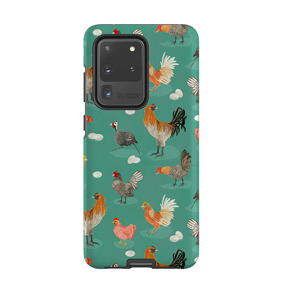 Samsung phone case-Chicken Teal By Katherine Quinn-Product Details Raised bevel to protect screen from scratches. Impact resistant polycarbonate shell and shock absorbing inner TPU liner. Secure fit with design wrapping around side of the case and full access to ports. Compatible with Qi-standard wireless charging. Thickness 1/8 inch (3mm), weight 30g. Compatibility See drop down menu for options, please select the right case as we print to order.-Stringberry