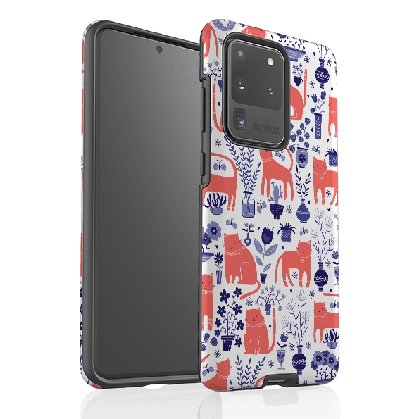 Samsung phone case-Coral Cats By Suzy Taylor-Product Details Raised bevel to protect screen from scratches. Impact resistant polycarbonate shell and shock absorbing inner TPU liner. Secure fit with design wrapping around side of the case and full access to ports. Compatible with Qi-standard wireless charging. Thickness 1/8 inch (3mm), weight 30g. Compatibility See drop down menu for options, please select the right case as we print to order.-Stringberry