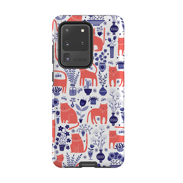 Samsung phone case-Coral Cats By Suzy Taylor-Product Details Raised bevel to protect screen from scratches. Impact resistant polycarbonate shell and shock absorbing inner TPU liner. Secure fit with design wrapping around side of the case and full access to ports. Compatible with Qi-standard wireless charging. Thickness 1/8 inch (3mm), weight 30g. Compatibility See drop down menu for options, please select the right case as we print to order.-Stringberry