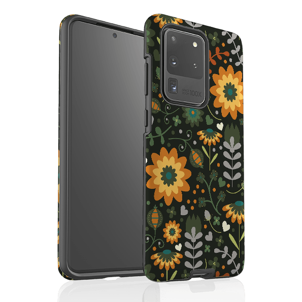 Samsung phone case-Dark Floral By Suzy Taylor-Product Details Raised bevel to protect screen from scratches. Impact resistant polycarbonate shell and shock absorbing inner TPU liner. Secure fit with design wrapping around side of the case and full access to ports. Compatible with Qi-standard wireless charging. Thickness 1/8 inch (3mm), weight 30g. Compatibility See drop down menu for options, please select the right case as we print to order.-Stringberry