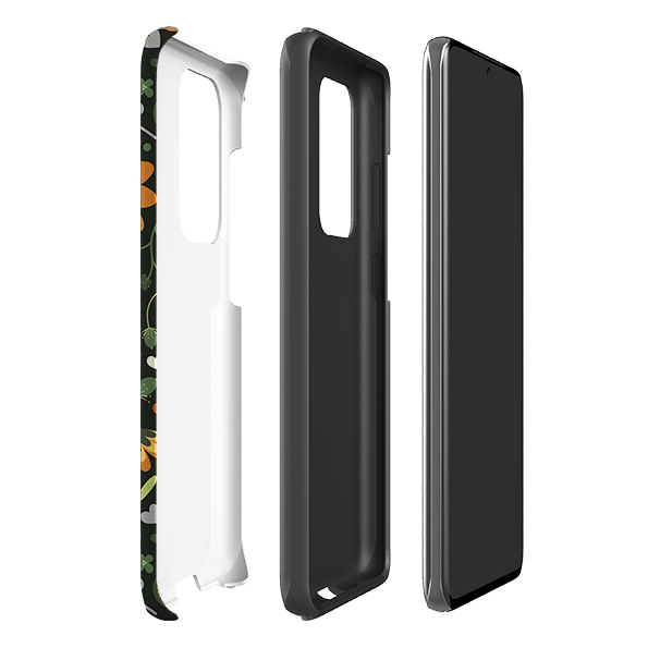 Samsung phone case-Dark Floral By Suzy Taylor-Product Details Raised bevel to protect screen from scratches. Impact resistant polycarbonate shell and shock absorbing inner TPU liner. Secure fit with design wrapping around side of the case and full access to ports. Compatible with Qi-standard wireless charging. Thickness 1/8 inch (3mm), weight 30g. Compatibility See drop down menu for options, please select the right case as we print to order.-Stringberry