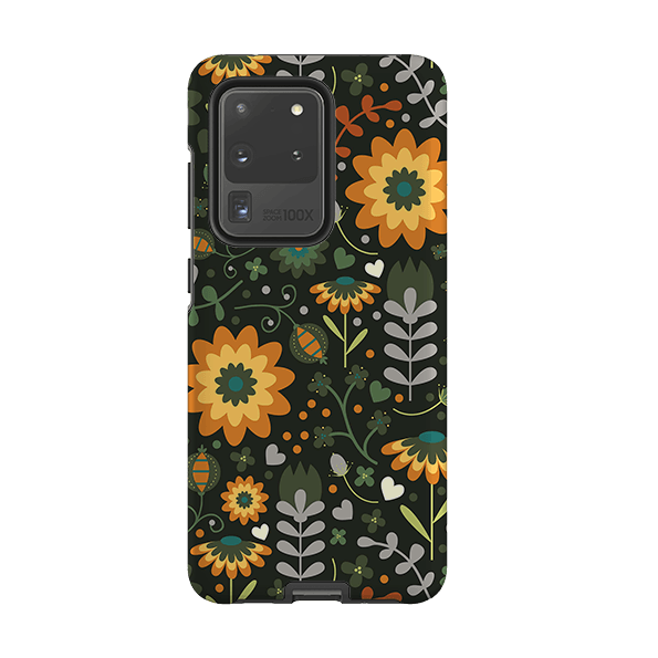 Samsung phone case-Dark Floral By Suzy Taylor-Product Details Raised bevel to protect screen from scratches. Impact resistant polycarbonate shell and shock absorbing inner TPU liner. Secure fit with design wrapping around side of the case and full access to ports. Compatible with Qi-standard wireless charging. Thickness 1/8 inch (3mm), weight 30g. Compatibility See drop down menu for options, please select the right case as we print to order.-Stringberry