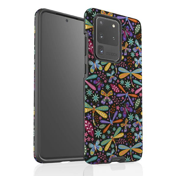 Samsung phone case-Dragon Flies Multi By Suzy Taylor-Product Details Raised bevel to protect screen from scratches. Impact resistant polycarbonate shell and shock absorbing inner TPU liner. Secure fit with design wrapping around side of the case and full access to ports. Compatible with Qi-standard wireless charging. Thickness 1/8 inch (3mm), weight 30g. Compatibility See drop down menu for options, please select the right case as we print to order.-Stringberry