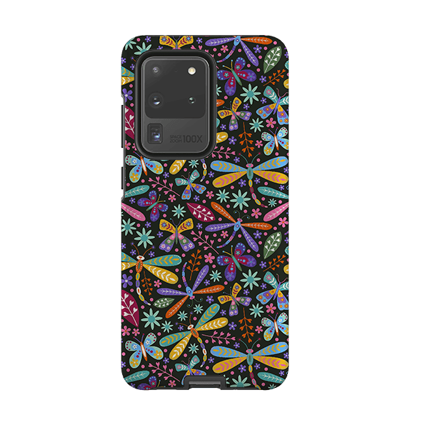 Samsung phone case-Dragon Flies Multi By Suzy Taylor-Product Details Raised bevel to protect screen from scratches. Impact resistant polycarbonate shell and shock absorbing inner TPU liner. Secure fit with design wrapping around side of the case and full access to ports. Compatible with Qi-standard wireless charging. Thickness 1/8 inch (3mm), weight 30g. Compatibility See drop down menu for options, please select the right case as we print to order.-Stringberry