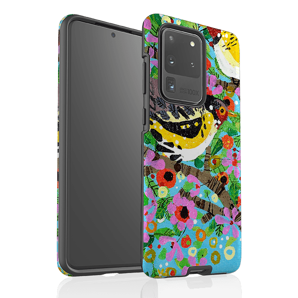 Samsung phone case-Finches By Claire West-Product Details Raised bevel to protect screen from scratches. Impact resistant polycarbonate shell and shock absorbing inner TPU liner. Secure fit with design wrapping around side of the case and full access to ports. Compatible with Qi-standard wireless charging. Thickness 1/8 inch (3mm), weight 30g. Compatibility See drop down menu for options, please select the right case as we print to order.-Stringberry