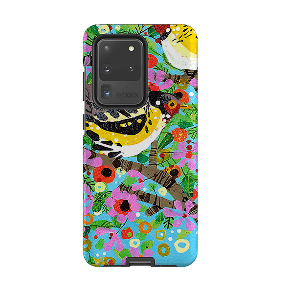 Samsung phone case-Finches By Claire West-Product Details Raised bevel to protect screen from scratches. Impact resistant polycarbonate shell and shock absorbing inner TPU liner. Secure fit with design wrapping around side of the case and full access to ports. Compatible with Qi-standard wireless charging. Thickness 1/8 inch (3mm), weight 30g. Compatibility See drop down menu for options, please select the right case as we print to order.-Stringberry