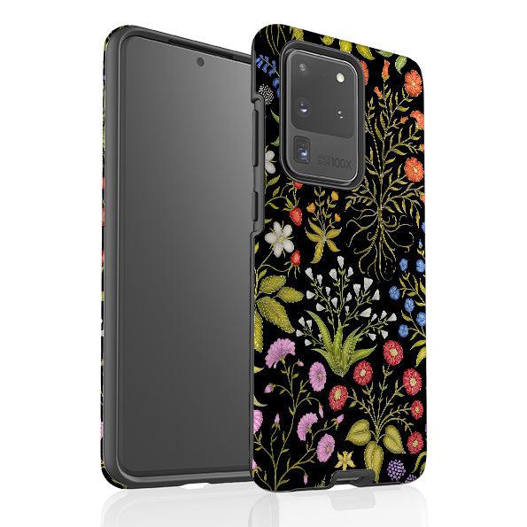 Samsung phone case-Fleurs Black By Catherine Rowe-Product Details Raised bevel to protect screen from scratches. Impact resistant polycarbonate shell and shock absorbing inner TPU liner. Secure fit with design wrapping around side of the case and full access to ports. Compatible with Qi-standard wireless charging. Thickness 1/8 inch (3mm), weight 30g. Compatibility See drop down menu for options, please select the right case as we print to order.-Stringberry