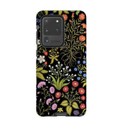 Samsung phone case-Fleurs Black By Catherine Rowe-Product Details Raised bevel to protect screen from scratches. Impact resistant polycarbonate shell and shock absorbing inner TPU liner. Secure fit with design wrapping around side of the case and full access to ports. Compatible with Qi-standard wireless charging. Thickness 1/8 inch (3mm), weight 30g. Compatibility See drop down menu for options, please select the right case as we print to order.-Stringberry