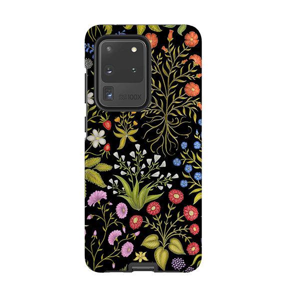 Samsung phone case-Fleurs Black By Catherine Rowe-Product Details Raised bevel to protect screen from scratches. Impact resistant polycarbonate shell and shock absorbing inner TPU liner. Secure fit with design wrapping around side of the case and full access to ports. Compatible with Qi-standard wireless charging. Thickness 1/8 inch (3mm), weight 30g. Compatibility See drop down menu for options, please select the right case as we print to order.-Stringberry