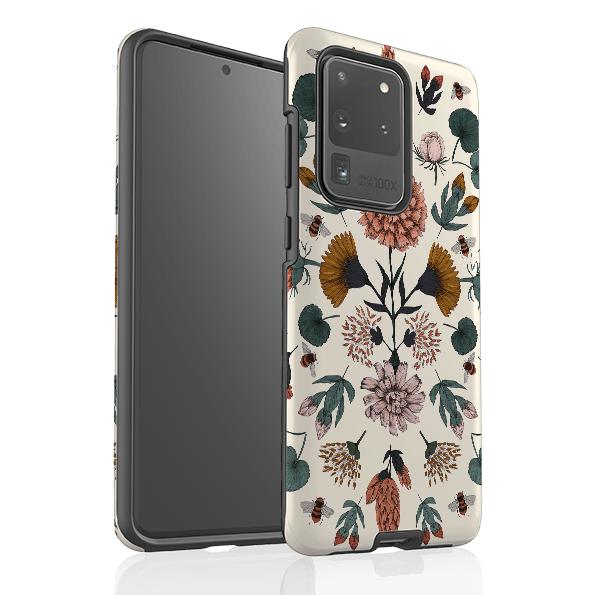 Samsung phone case-Floral Bees By Jade Mosinski-Product Details Raised bevel to protect screen from scratches. Impact resistant polycarbonate shell and shock absorbing inner TPU liner. Secure fit with design wrapping around side of the case and full access to ports. Compatible with Qi-standard wireless charging. Thickness 1/8 inch (3mm), weight 30g. Compatibility See drop down menu for options, please select the right case as we print to order.-Stringberry