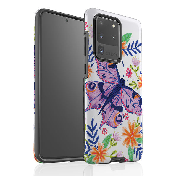 Samsung phone case-Floral Lilac Butterfly By Lee Foster Wilson-Product Details Raised bevel to protect screen from scratches. Impact resistant polycarbonate shell and shock absorbing inner TPU liner. Secure fit with design wrapping around side of the case and full access to ports. Compatible with Qi-standard wireless charging. Thickness 1/8 inch (3mm), weight 30g. Compatibility See drop down menu for options, please select the right case as we print to order.-Stringberry