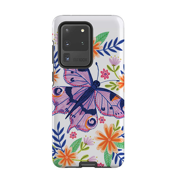 Samsung phone case-Floral Lilac Butterfly By Lee Foster Wilson-Product Details Raised bevel to protect screen from scratches. Impact resistant polycarbonate shell and shock absorbing inner TPU liner. Secure fit with design wrapping around side of the case and full access to ports. Compatible with Qi-standard wireless charging. Thickness 1/8 inch (3mm), weight 30g. Compatibility See drop down menu for options, please select the right case as we print to order.-Stringberry