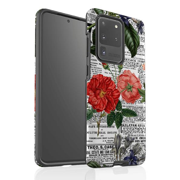 Samsung phone case-Floral Newsprint-Product Details Raised bevel to protect screen from scratches. Impact resistant polycarbonate shell and shock absorbing inner TPU liner. Secure fit with design wrapping around side of the case and full access to ports. Compatible with Qi-standard wireless charging. Thickness 1/8 inch (3mm), weight 30g. Compatibility See drop down menu for options, please select the right case as we print to order.-Stringberry