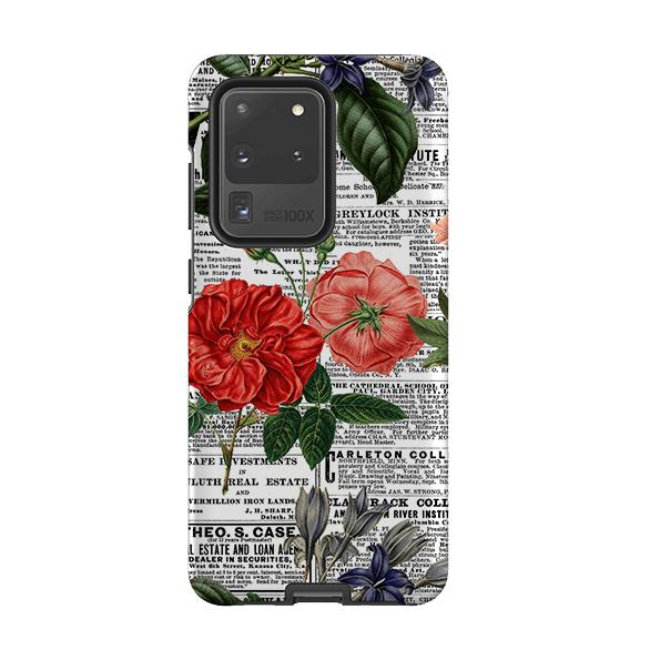 Samsung phone case-Floral Newsprint-Product Details Raised bevel to protect screen from scratches. Impact resistant polycarbonate shell and shock absorbing inner TPU liner. Secure fit with design wrapping around side of the case and full access to ports. Compatible with Qi-standard wireless charging. Thickness 1/8 inch (3mm), weight 30g. Compatibility See drop down menu for options, please select the right case as we print to order.-Stringberry