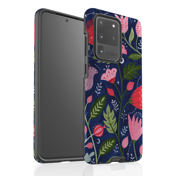 Samsung phone case-Flowers On Blue By Bex Parkin-Product Details Raised bevel to protect screen from scratches. Impact resistant polycarbonate shell and shock absorbing inner TPU liner. Secure fit with design wrapping around side of the case and full access to ports. Compatible with Qi-standard wireless charging. Thickness 1/8 inch (3mm), weight 30g. Compatibility See drop down menu for options, please select the right case as we print to order.-Stringberry