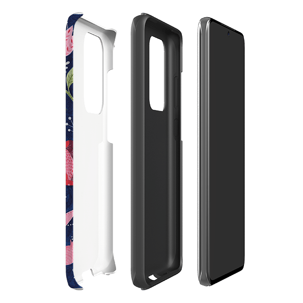 Samsung phone case-Flowers On Blue By Bex Parkin-Product Details Raised bevel to protect screen from scratches. Impact resistant polycarbonate shell and shock absorbing inner TPU liner. Secure fit with design wrapping around side of the case and full access to ports. Compatible with Qi-standard wireless charging. Thickness 1/8 inch (3mm), weight 30g. Compatibility See drop down menu for options, please select the right case as we print to order.-Stringberry