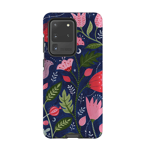 Samsung phone case-Flowers On Blue By Bex Parkin-Product Details Raised bevel to protect screen from scratches. Impact resistant polycarbonate shell and shock absorbing inner TPU liner. Secure fit with design wrapping around side of the case and full access to ports. Compatible with Qi-standard wireless charging. Thickness 1/8 inch (3mm), weight 30g. Compatibility See drop down menu for options, please select the right case as we print to order.-Stringberry