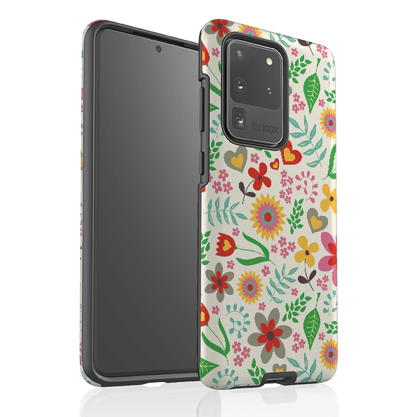 Samsung phone case-Folky Floral By Suzy Taylor-Product Details Raised bevel to protect screen from scratches. Impact resistant polycarbonate shell and shock absorbing inner TPU liner. Secure fit with design wrapping around side of the case and full access to ports. Compatible with Qi-standard wireless charging. Thickness 1/8 inch (3mm), weight 30g. Compatibility See drop down menu for options, please select the right case as we print to order.-Stringberry