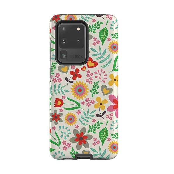 Samsung phone case-Folky Floral By Suzy Taylor-Product Details Raised bevel to protect screen from scratches. Impact resistant polycarbonate shell and shock absorbing inner TPU liner. Secure fit with design wrapping around side of the case and full access to ports. Compatible with Qi-standard wireless charging. Thickness 1/8 inch (3mm), weight 30g. Compatibility See drop down menu for options, please select the right case as we print to order.-Stringberry