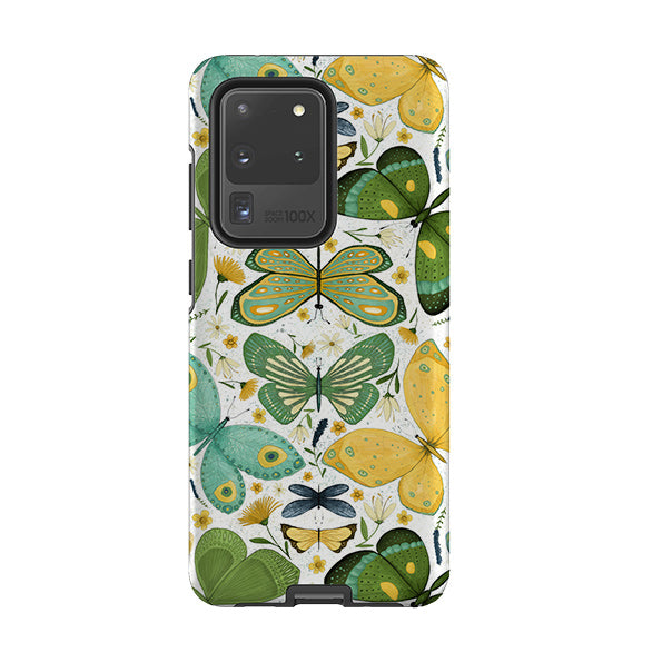 Samsung phone case-Green Butterflies By Maja Lindberg-Product Details Raised bevel to protect screen from scratches. Impact resistant polycarbonate shell and shock absorbing inner TPU liner. Secure fit with design wrapping around side of the case and full access to ports. Compatible with Qi-standard wireless charging. Thickness 1/8 inch (3mm), weight 30g. Compatibility See drop down menu for options, please select the right case as we print to order.-Stringberry