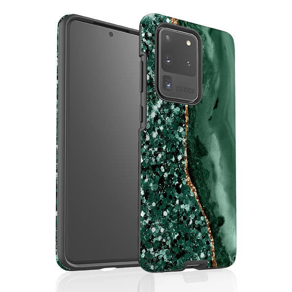 Samsung phone case-Green Shade (case does not glitter)-Product Details Raised bevel to protect screen from scratches. Impact resistant polycarbonate shell and shock absorbing inner TPU liner. Secure fit with design wrapping around side of the case and full access to ports. Compatible with Qi-standard wireless charging. Thickness 1/8 inch (3mm), weight 30g. Compatibility See drop down menu for options, please select the right case as we print to order.-Stringberry